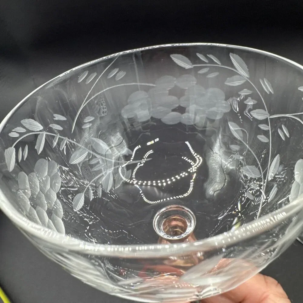 Set Of 2 Vintage Etched (Floral) Crystal Sherry Wine Cocktail Glasses 6”